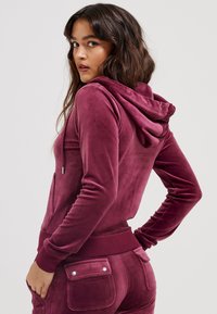 Velvet tracksuit in burgundy with a hood, featuring a kangaroo pocket, ribbed cuffs, and snap-button accent pockets on the back.