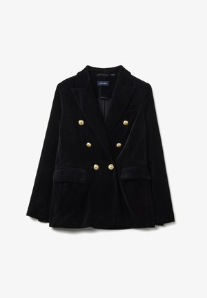 Blazer doble faz de terciopelo negro con acentos de botones dorados, solapas con muesca y dos bolsillos frontales. Textura suave, ajuste entallado.