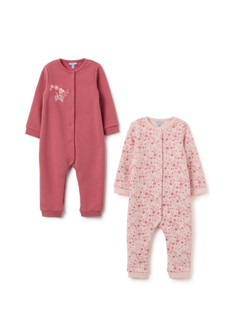 Due bodysuit per neonati: uno in rosa solido con ricami floreali, l'altro in rosa chiaro con un motivo floreale. Entrambi presentano chiusure a pressione e maniche lunghe.