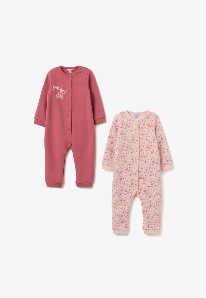 Due bodysuit per neonati: uno in rosa solido con ricami floreali, l'altro in rosa chiaro con un motivo floreale. Entrambi presentano chiusure a pressione e maniche lunghe.