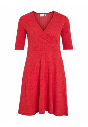Rotes Wickelkleid mit kurzen Ärmeln, strukturiertem Obermaterial, V-Ausschnitt, tailliertem Schnitt und weit schwingendem Rock. Verfügt über ein dezentes Rippmuster.
