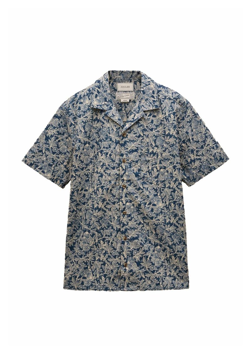 Košeľa s krátkym rukávom v námorníckej modrej farbe s bielym kvetinovým vzorom, so golierom a prednými gombíkmi. Vyrobená z bavlny s voľným strihom.