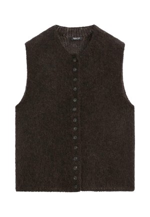 Gilet smanicato lavorato a maglia marrone scuro con scollatura a V e bottoni neri uniformemente spaziati sul davanti.