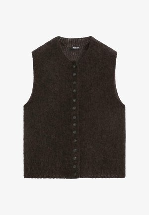 Gilet smanicato lavorato a maglia marrone scuro con scollatura a V e bottoni neri uniformemente spaziati sul davanti.