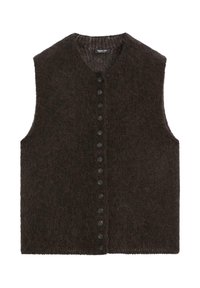 Mörkbrun stickad vest med v-ringning, ärmlös design och knappstängning framtill med svarta knappar längs mitten.