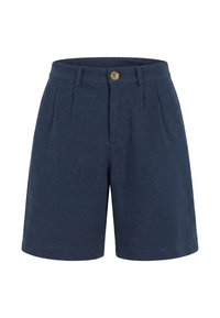 Pantalones cortos de tela texturizada azul marino con cierre de un solo botón, trabillas para cinturón y pliegues delanteros.