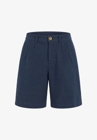 Pantalones cortos de tela texturizada azul marino con cierre de un solo botón, trabillas para cinturón y pliegues delanteros.