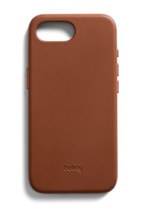 Brown leather phone case with textured surface, rounded edges, cutouts for buttons, and embossed "bellroy" logo at the bottom.