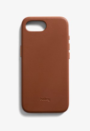 Brown leather phone case with textured surface, rounded edges, cutouts for buttons, and embossed "bellroy" logo at the bottom.