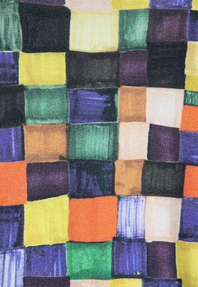 Multicolored woven fabric featuring a checkerboard pattern with squares in shades of orange, green, black, purple, yellow, and beige.