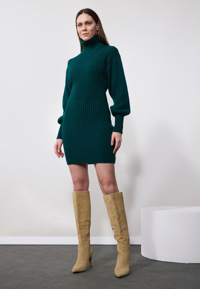 slim fit dress slacks Mock Neck Midi Sweater Dress in Olive | Double Zero main image 1