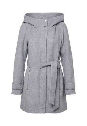 Manteau gris de longueur mi-longue en tissu texturé. Comprend une capuche, une ceinture à la taille et des poches latérales avec zippers. Fermeture à boutons à l'avant.
