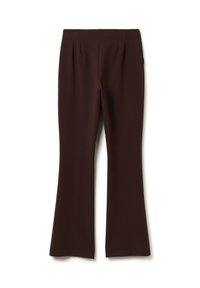 Pantalons amples bruns à taille haute avec une ceinture lisse et sans poches ni fermetures visibles, posés à plat sur un fond blanc.