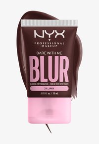 Fond de teint NYX Bare With Me Blur dans un tube, marron foncé avec des accents roses, présentant un texte en gras et un embout pointu pour le dosage.