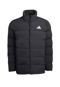 Black puffer jacket with a high collar, featuring quilted panels, a front zipper, and a white Adidas logo on the left chest.