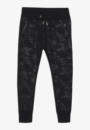 Sorte camouflage joggers med lynlåslommer. Fremstillet af et blødt stof med snøre i taljen og smalle manchetter for en tætsiddende pasform.