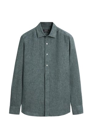 Langärmeliges Hemd mit Knopfleiste aus strukturiertem, dunkelgrünem Stoff mit klassischem Kragen und ein-Knopf-Manschetten.