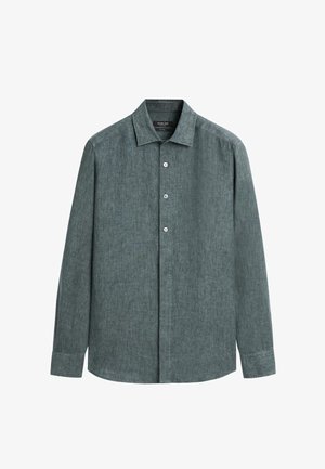 Langärmeliges Hemd mit Knopfleiste aus strukturiertem, dunkelgrünem Stoff mit klassischem Kragen und ein-Knopf-Manschetten.