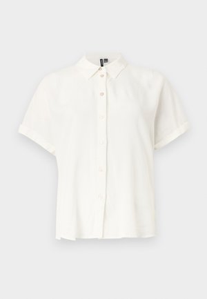 Short-sleeve white button-up shirt with a pointed collar and seven buttons down the front, displayed against a plain background.