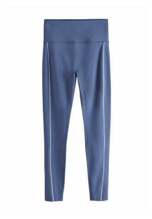 Blå leggings med høj talje og hvide vertikale side striber, tætsiddende stil, vist på en hvid baggrund.