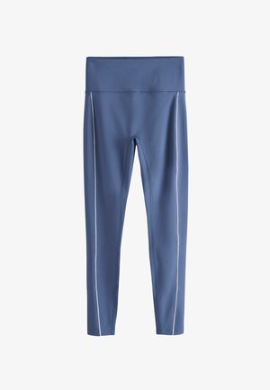 Blaue Leggings mit hoher Taille und weißen vertikalen Seitenstreifen, figurbetonter Schnitt, dargestellt auf weißem Hintergrund.