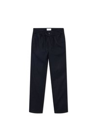 Pantalons noir amples avec une taille élastique, un cordon de serrage et un seul bouton à l'avant. Texture de tissu douce et design à jambes droites.