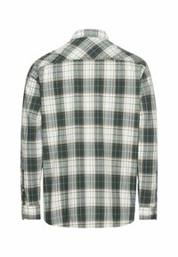 Herren Langarmshirt im grünen, weißen und marineblauen Karomuster. Aus Baumwolle mit klassischem Kragen und knöpfbaren Manschetten. Rückansicht.