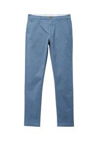 Ljust blå chinos i bomull, med en slät yta, standard midjeband och framfickor med knappstängning.