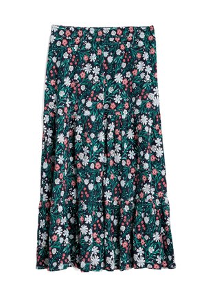 Falda midi floral en azul marino con bajo con volantes, decorada con flores rosas, blancas y verdes sobre un fondo oscuro. Cintura elástica para mayor comodidad.