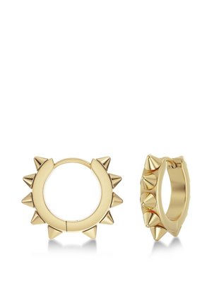 Guldhoop-øreringe med jævnt spaced kegleformede nitter rundt om den ydre kant, vist fra for- og sidevisninger på hvid baggrund.