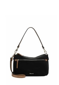 Black leather handbag featuring a zippered front pocket, a short shoulder strap, and a longer adjustable strap with tan accents.
