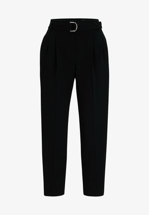 Black tailored trousers featuring a belted high waistband, pleats at the front, and tapered legs with a smooth fabric texture.