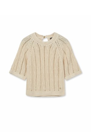 Kremowy sweter z krótkimi rękawami, wykonany na drutach, z wzorami warkoczowymi i ażurowymi oraz małym otworem z tyłu zapinanym na guzik.