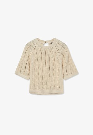 Kremowy sweter z krótkimi rękawami, wykonany na drutach, z wzorami warkoczowymi i ażurowymi oraz małym otworem z tyłu zapinanym na guzik.