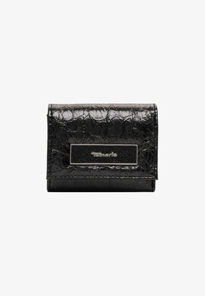 Black textured wallet made of synthetic material, featuring a silver logo plate and a compact, rectangular design with a flap closure.
