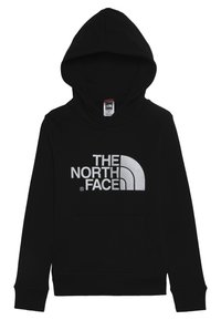 Černá bavlněná mikina s kapucí a přední kapsou, s velkým stříbrným logem "THE NORTH FACE" napříč hrudníkem a stahovací kapucí.
