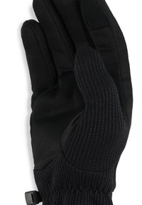 Guanti neri con una presa testurizzata sui palmi, tessuto liscio sulla parte posteriore e polsino elastico per una vestibilità sicura. Presentano una piccola fibbia regolabile.