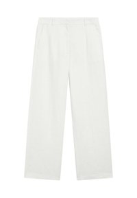 White wide-leg trousers with a tailored fit, straight cut legs, side pockets, and belt loops, laid flat on a plain background.