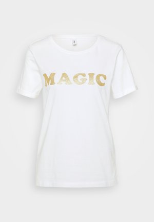 Valge puuvillane T-särk, millel on kuldse sära tekst "MAGIC" julge, ümarate tähtedega. Lühikesed varrukad ja klassikaline ümmargune kaelus.