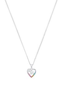 La collana con pendente a forma di cuore in argento presenta una "M" in corsivo e un arcobaleno di pietre preziose. La catena è testurizzata e delicata, esaltando il design del pendente.