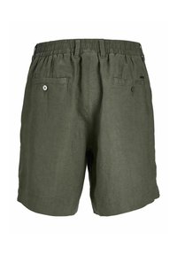 Olivgröna linnebyxor med resår i midjan, två knappförsedda bakfickor och rak skärning, med en slät textur.