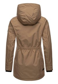Beige waterproof jacket with a hood, cinched waist, long sleeves, and black accents on cuffs. Logo on the upper back. Smooth texture.