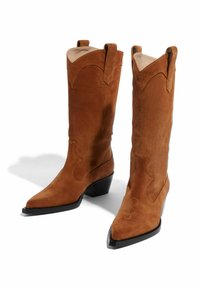 Smeđe suede kauboj boots s izraženim vrhom, dekorativnim šavovima i niskom, blok petom. Imaju angulirani vrh i suptilne akcentne detalje.
