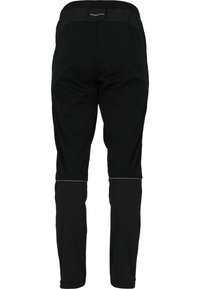 Mustat urheiluhousut, joissa on sileä ja joustava kangas. Ominaisuuksiin kuuluu leveä vyötärönauha ja heijastavat yksityiskohdat alareunoissa.