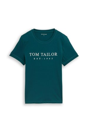Dunkeltealfarbenes kurzärmeliges T-Shirt mit Rundhalsausschnitt und weißem Schriftzug "TOM TAILOR EST. 1962" auf der Vorderseite, Größe S.