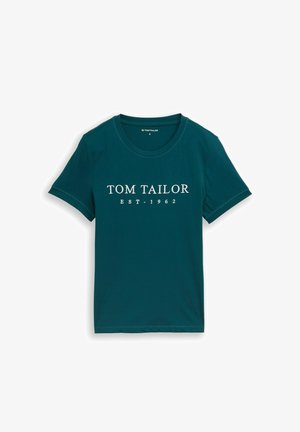 Dunkeltealfarbenes kurzärmeliges T-Shirt mit Rundhalsausschnitt und weißem Schriftzug "TOM TAILOR EST. 1962" auf der Vorderseite, Größe S.