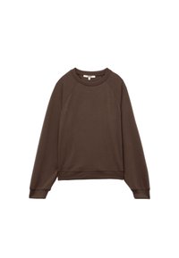 Bruine sweatshirt met lange mouwen, een ronde halslijn, raglanmouwen en ribgebreide manchetten en onderrand; gemaakt van zacht, gestructureerd materiaal.