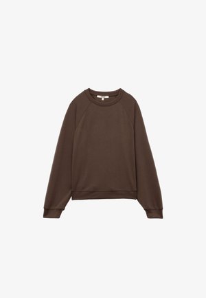 Sudadera marrón de manga larga con cuello redondo, mangas raglán y puños y dobladillo acanalados; fabricada en un suave tejido texturizado.