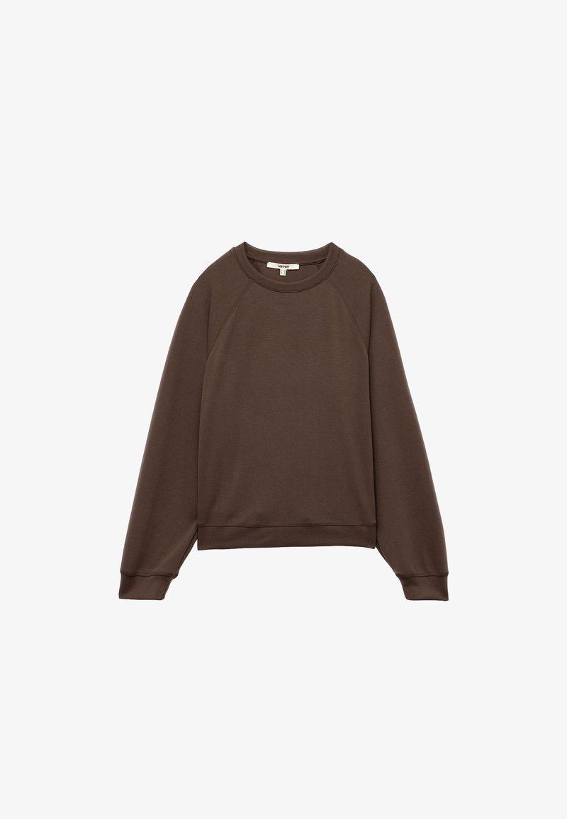 Brauner Langarm-Sweatshirt mit rundem Halsausschnitt, Raglanärmeln sowie gerippten Bündchen und Saum; aus weichem, strukturiertem Stoff gefertigt.