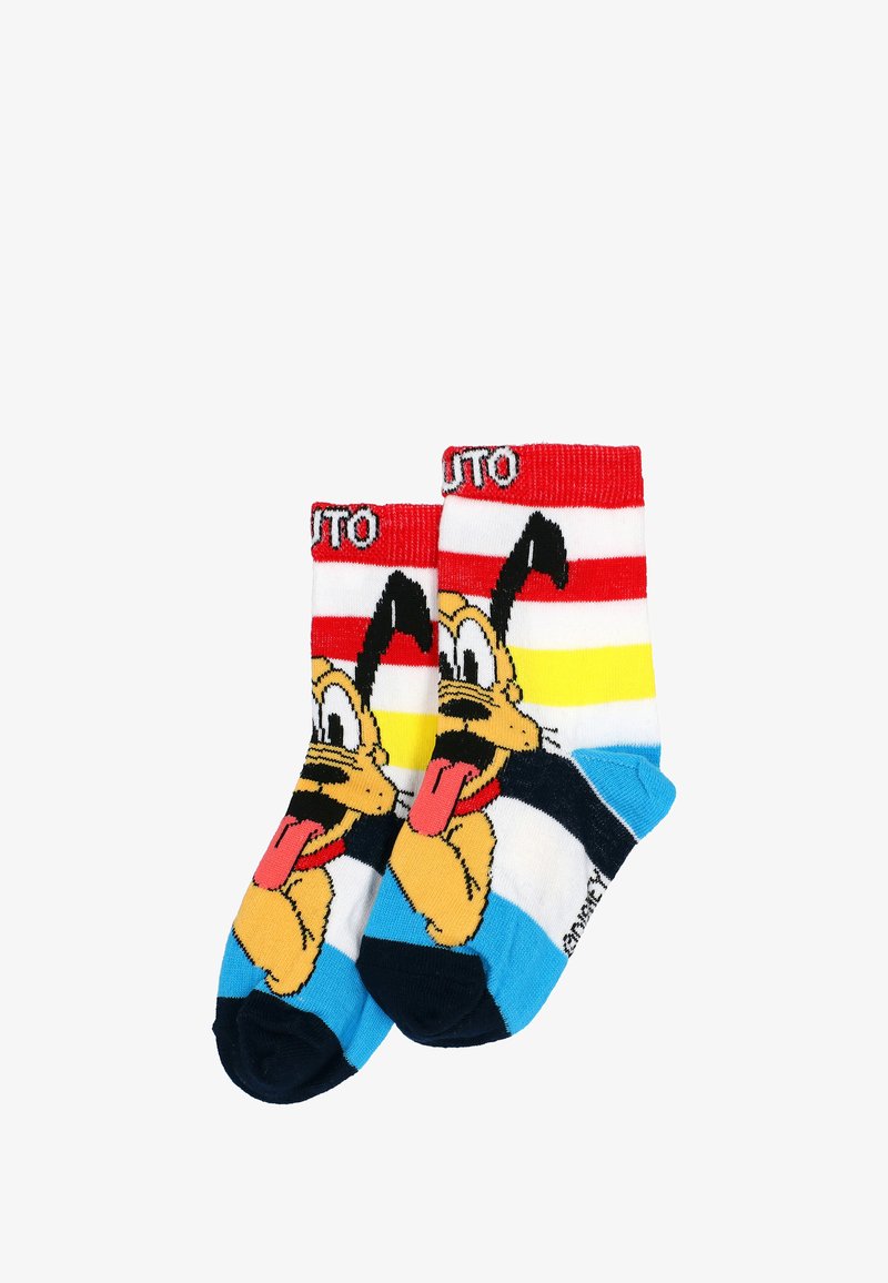 Pair of colorful socks featuring a cartoon dog with tongue out, red and yellow stripes at the top, and blue and black sections on the foot.